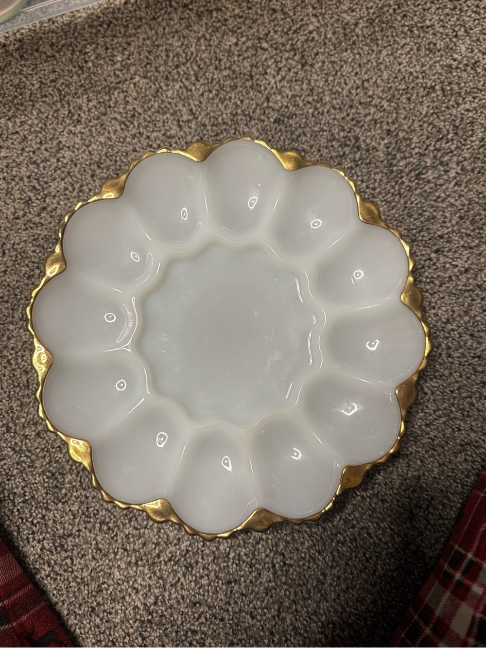 Indiana Glass White Milk Glass Egg Platter with Gold Trim